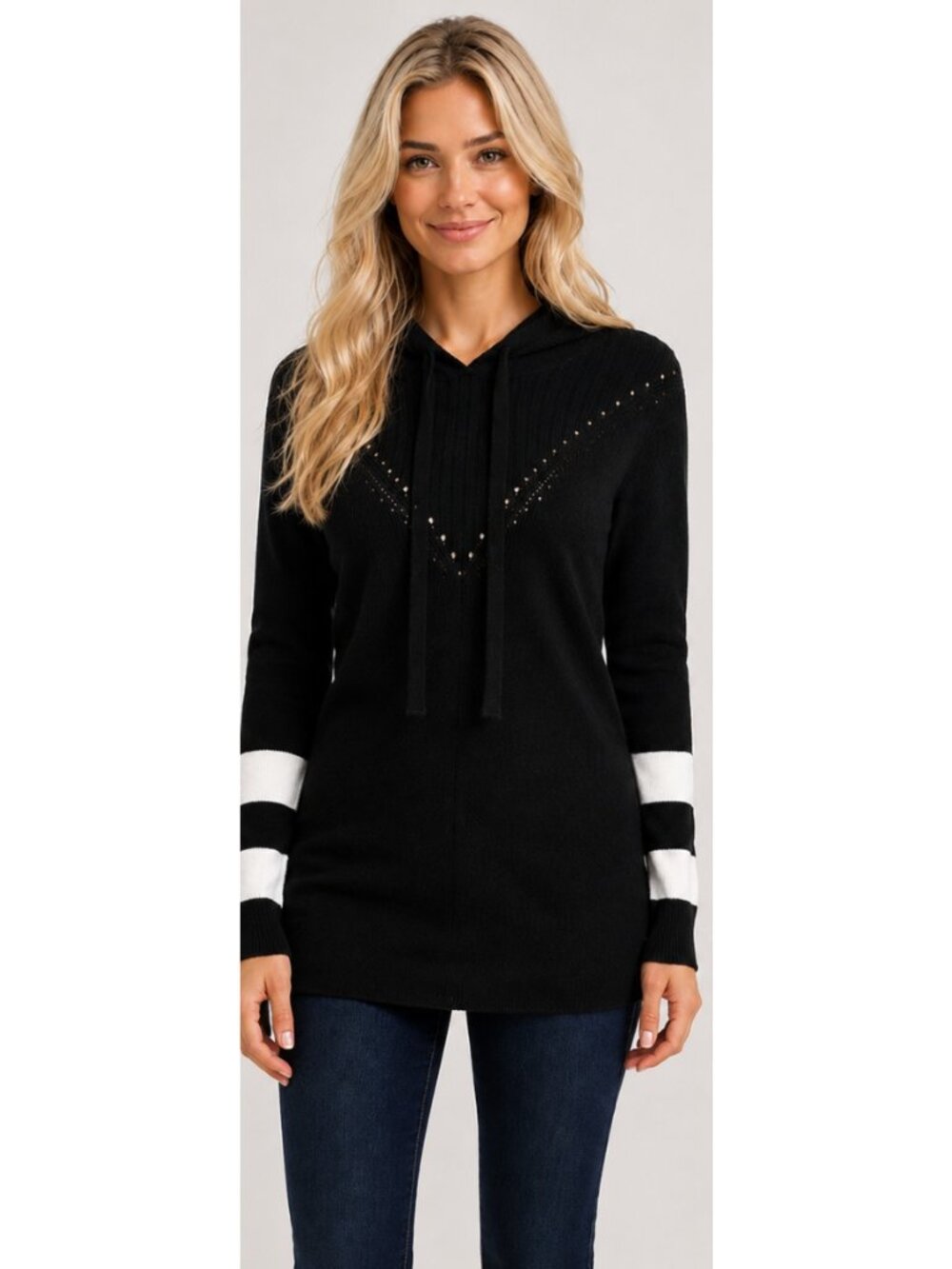 Minnie Rose Black Cotton Cashmere Hooded Sweater Striped Sleeve - S